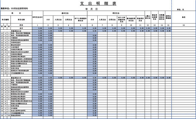 医院支出明细表格模板EXCEL表格设计