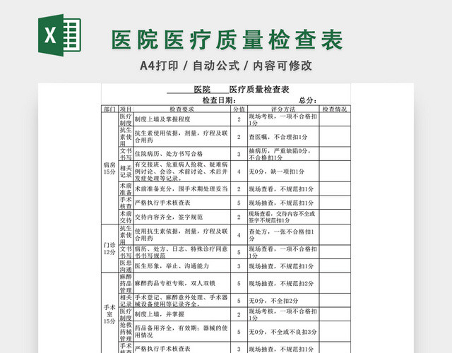 医疗质量检查表格模板EXCEL表格设计