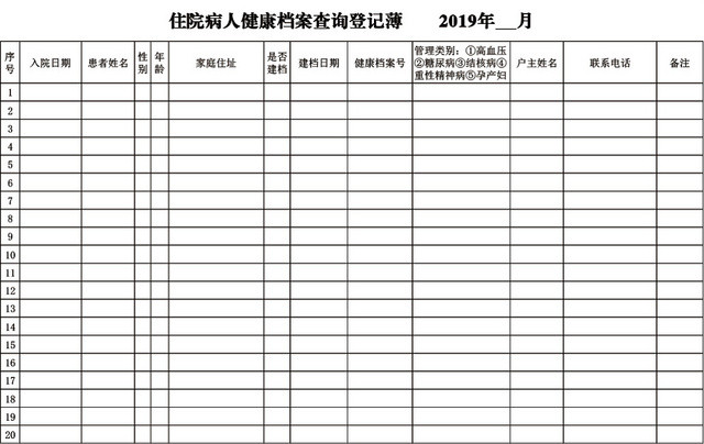 住院病人健康档案查询登记簿模板EXCEL表格设计