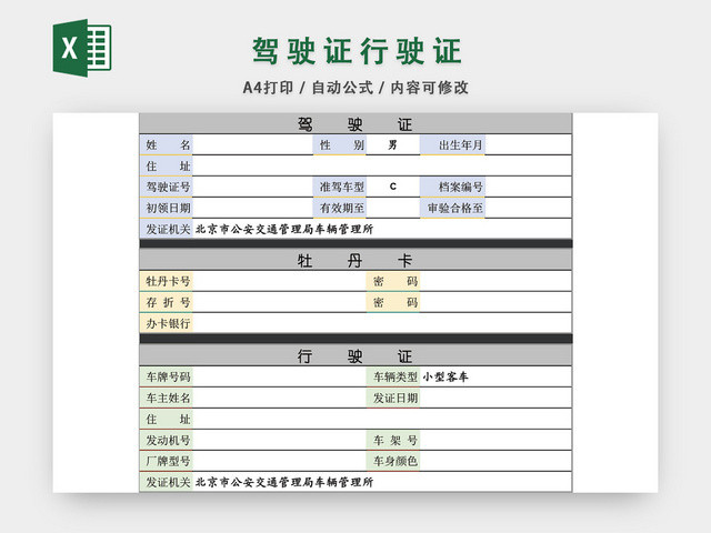 驾驶证行驶证信息登记表格模板EXCEL表格设计