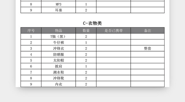 旅游携带物品检查表格模板EXCEL表格设计