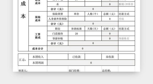 旅行社成本预算表格模板EXCEL表格设计