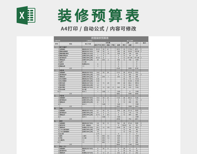 房屋装修预算表