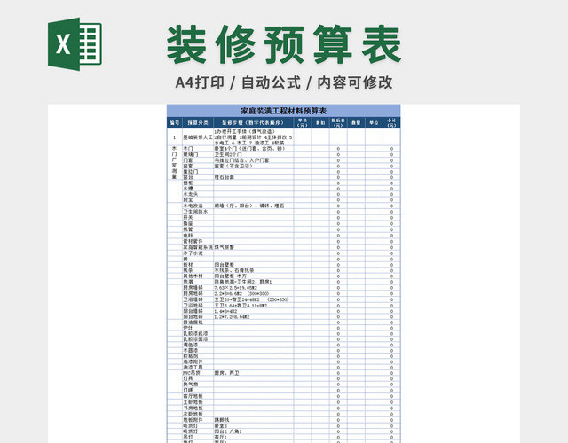 家庭装潢工程材料预算表