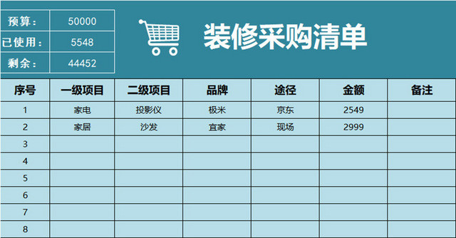 装修材料费用清单表格