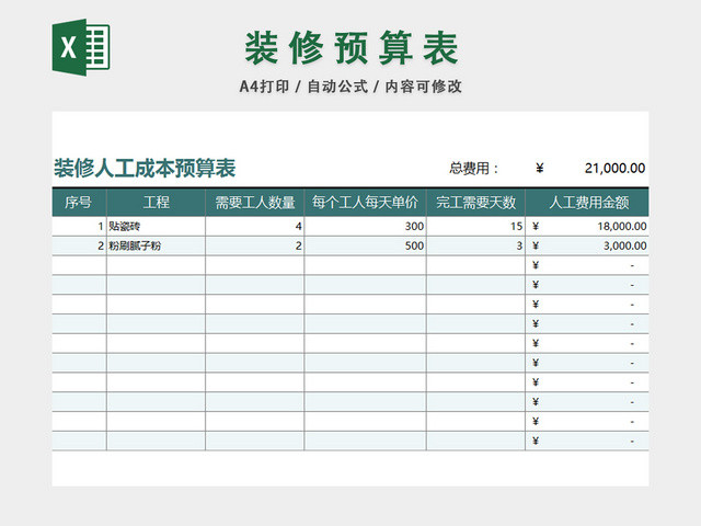 装修人工成本预算表