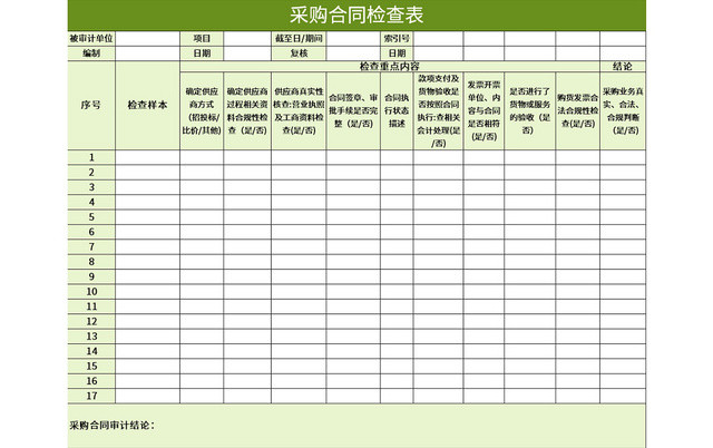 公司常用采购合同检查表EXCEL模板