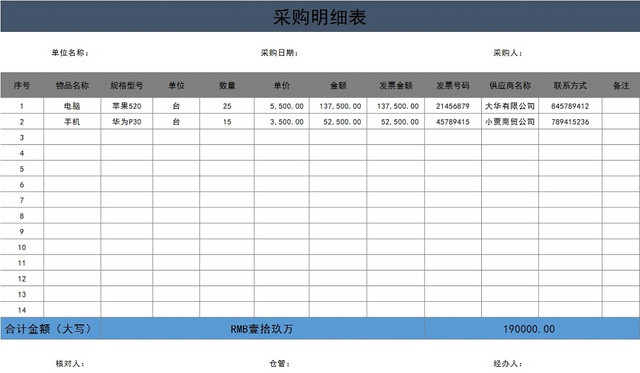 企业采购信息税后合计总价统计表