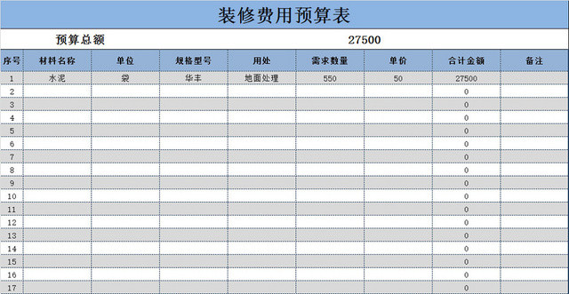 装修费用预算表