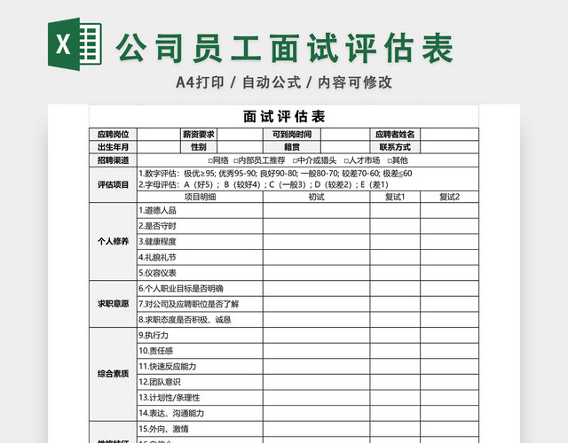 招聘面试评估表模板EXCEL模板应聘登记表