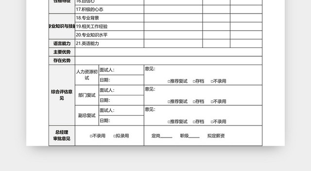 招聘面试评估表模板EXCEL模板应聘登记表