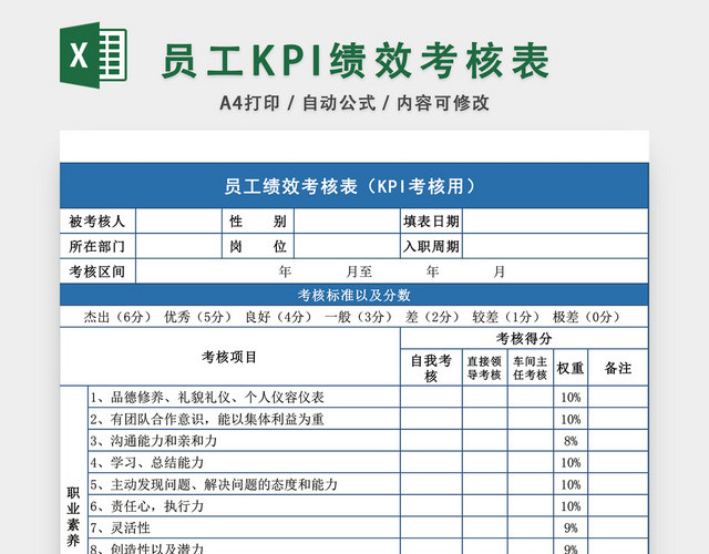 员工KPI绩效考核表模板EXCEL模板