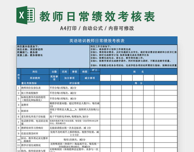 教师日常绩效考核表模板EXCEL模板