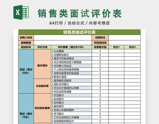 公司销售类面试评价表模板EXCEL模板