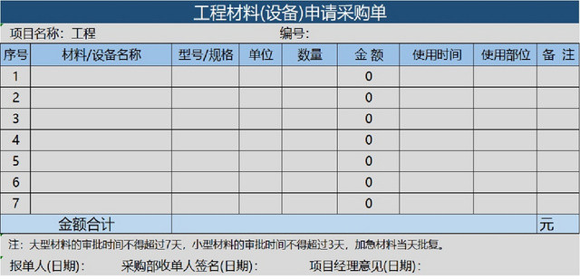 企业工程材料设备申请购买表