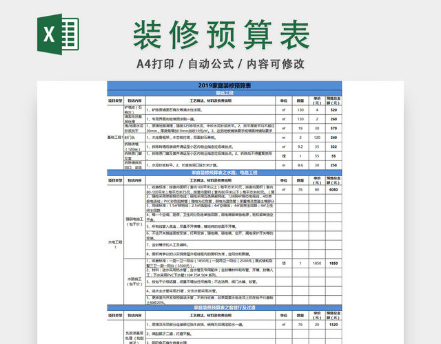 家庭装修预算表