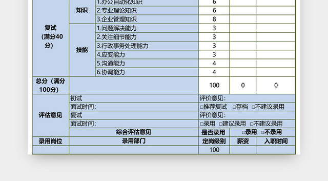 行政专员面试评价表模板EXCEL模板