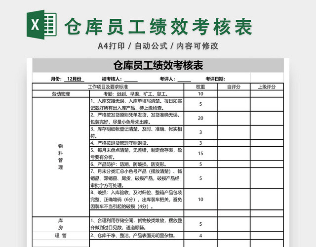 仓库员工绩效考核表模板EXCEL模板