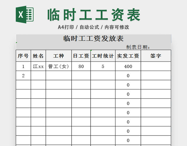 员工工资表临时工工资发放明细表