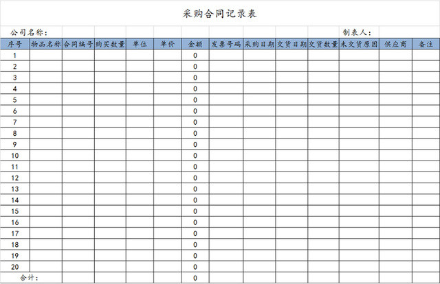 仓管采购合同记录表表格模板