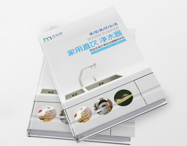 时尚淡雅蓝白配色家用直饮净水器画册整套设计模板