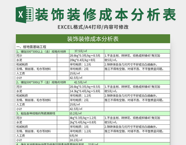 绿色装饰装修成本分析表EXCEL模板