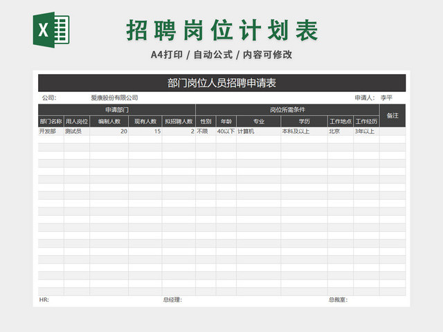部门岗位人员招聘申请表应聘登记表
