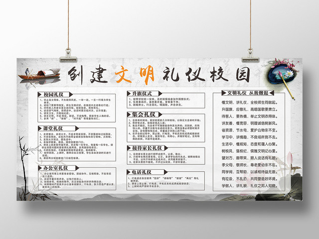 学校展板水墨风校园文明建设创建文明礼仪校园文明礼仪宣传栏展板