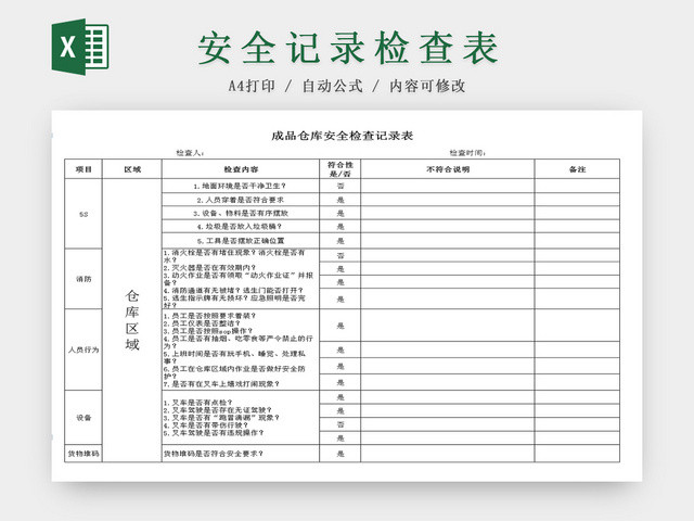 公司成品仓库安全检查记录EXCEL表