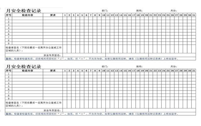 月度建筑装修安全记录检查EXCEL表