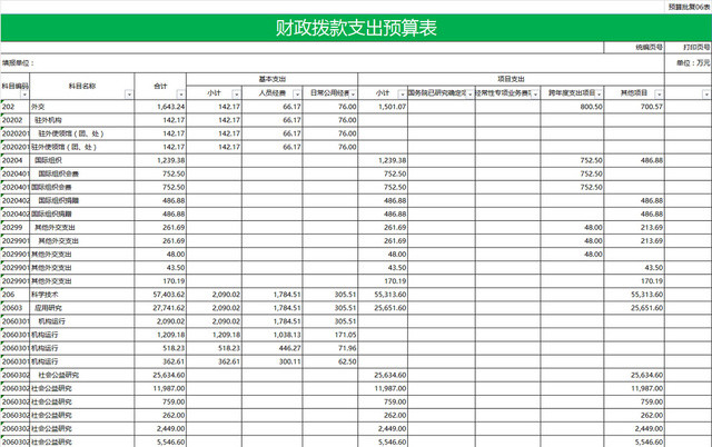 财政拨款支出预算表EXCEL模板