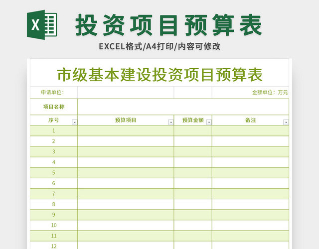 绿色市级基本建设投资项目预算表EXCEL模板