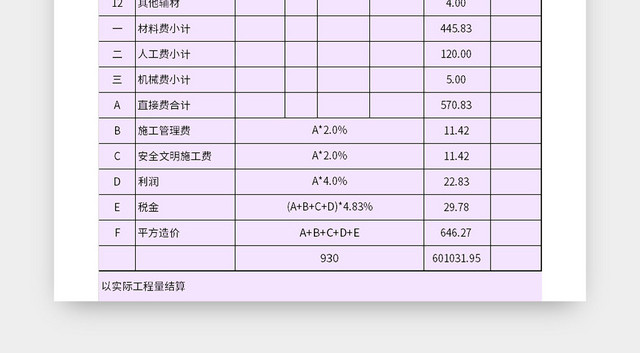 紫色玻璃幕墙工程综合单价分析表EXCEL模板