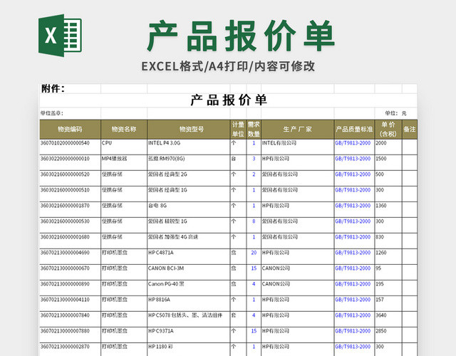 详尽的产品报价单EXCEL模板