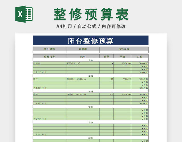 阳台装修预算费用总计统计表