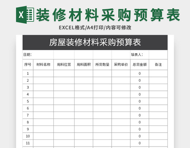 通用房屋装修材料采购预算表EXCEL模板