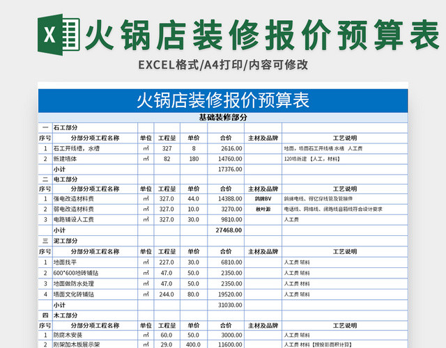 火锅店装修报价预算表EXCEL模板