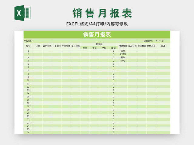 绿色清新风销售月报表EXCEL模板