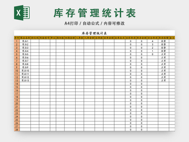 仓储管理表库存明细表明细统计表