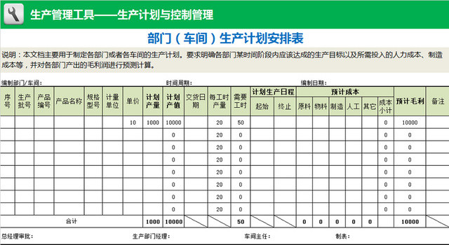 部门生产计划安排表