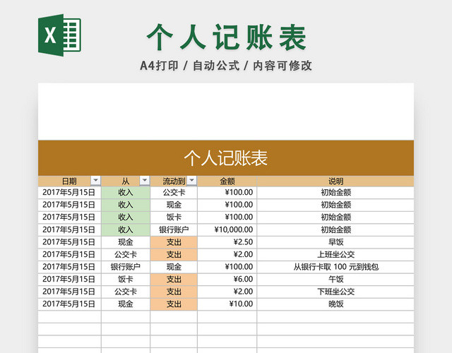 个人收支记账表设计EXCEL模板
