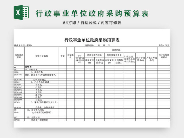 行政事业单位政府采购预算表设计EXCEL模板