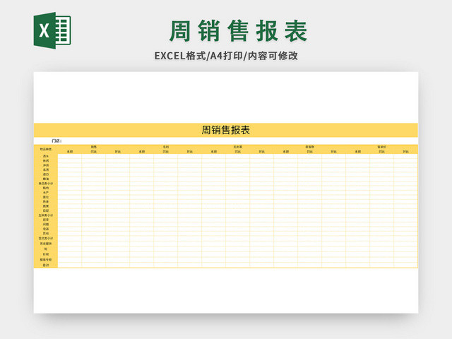 黄色常用门店周销售报表EXCEL模板