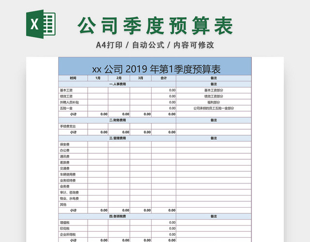 公司季度预算表设计EXCEL模板