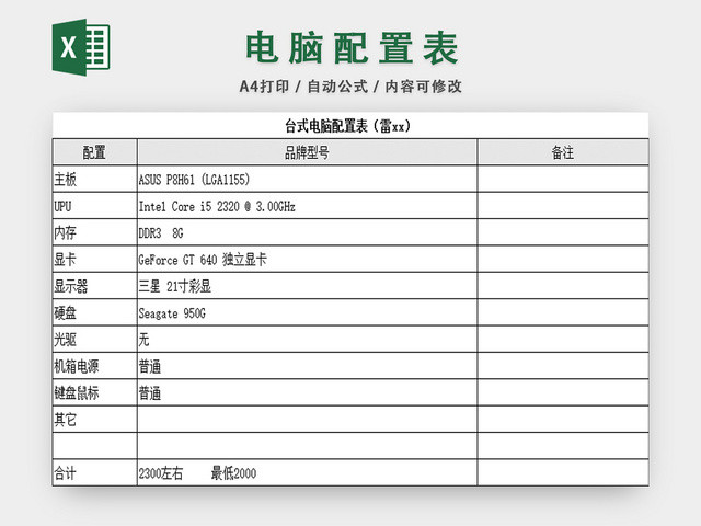 电脑配置表采购成本预算表