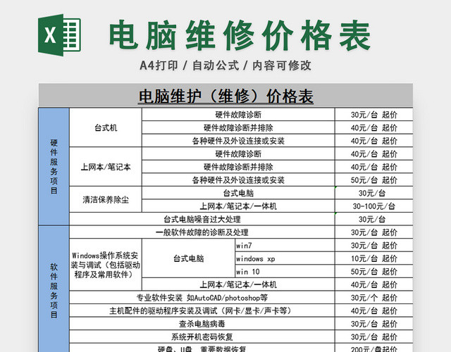 电脑维修报价表办公用品价目表