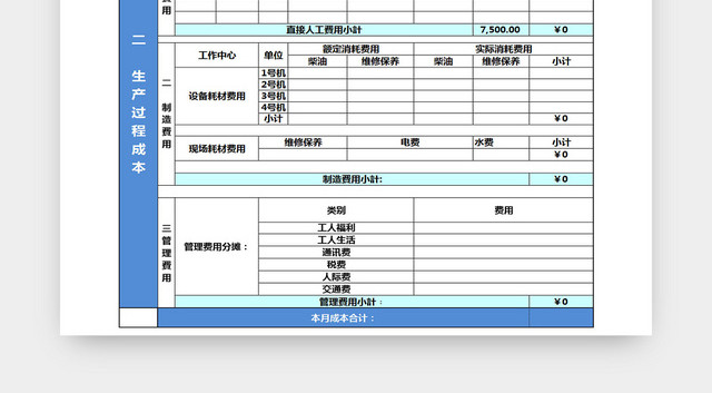 公司项目月度成本核算EXCEL表