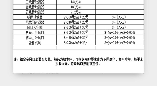 采购清单报价表铝合金风口报价表