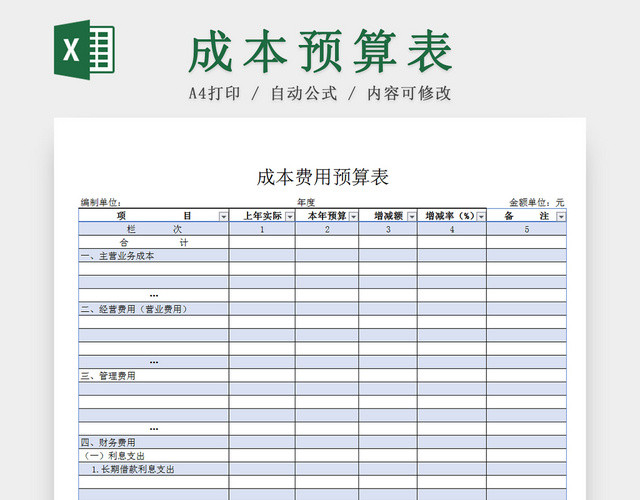 公司企业项目成本费用预算测算EXCEL表