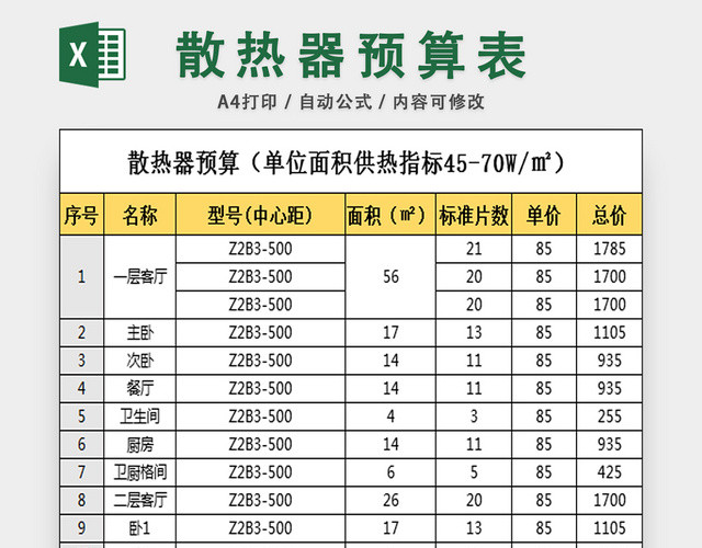 装修预算表散热器预算表